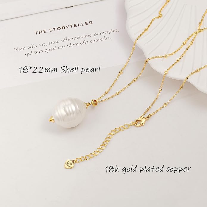 18k Gold Chain Link Necklace for Women, Baroque Pearl/Compass Pendant Necklace