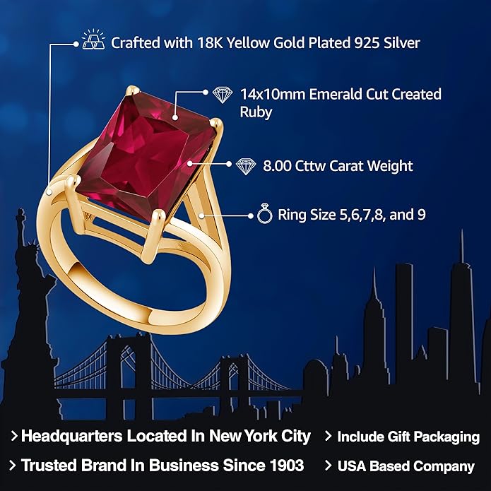 Gem Stone King 5-10 Cttw Gemstone Birthstone Solitaire Engagement Ring For Women | 18K Yellow Gold Plated Silver | 14X10MM Emerald Cut | Wedding Anniversary Ring | Available In Size 5, 6, 7, 8, 9