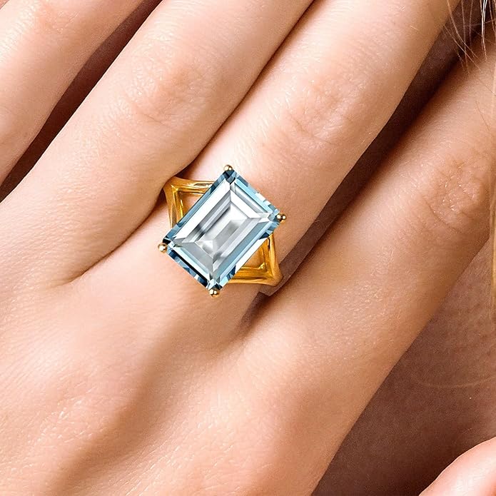 Gem Stone King 5-10 Cttw Gemstone Birthstone Solitaire Engagement Ring For Women | 18K Yellow Gold Plated Silver | 14X10MM Emerald Cut | Wedding Anniversary Ring | Available In Size 5, 6, 7, 8, 9