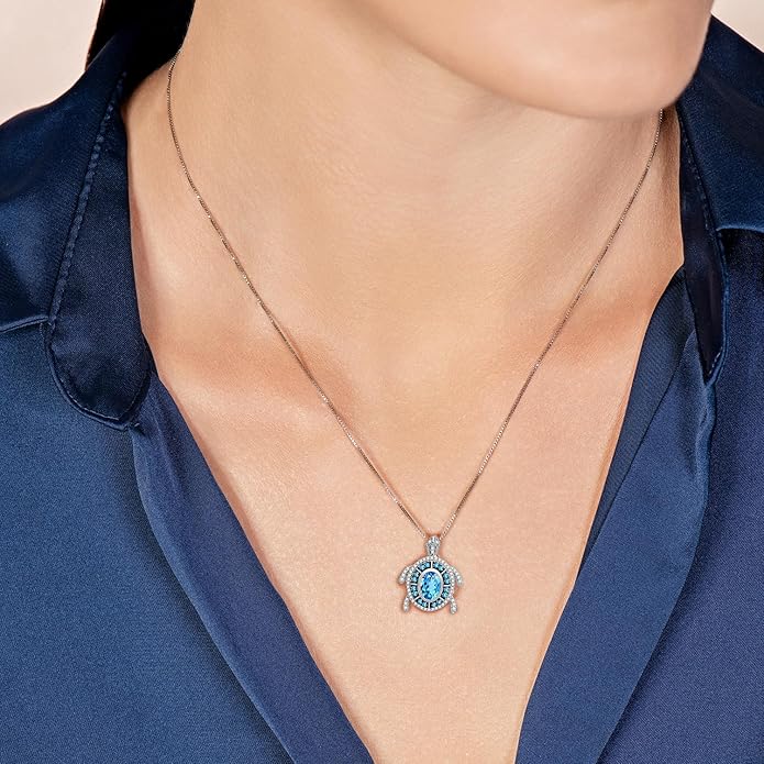 Jewelili Sterling Silver Turtle Birthstone Pendant Necklace | 7X5 MM Oval & 1.25 MM Round Cut Birthstone with Round Created White Sapphire Gemstones | 18" Box Chain | Luxury Jewelry Gift for Her | Gift Box Included