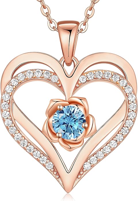 CDE S925 Silver Rose Gold Heart Birthstone Necklaces for Women，Ideal Anniversary or Birthday Jewelry Gifts for Wife Girlfriend Her