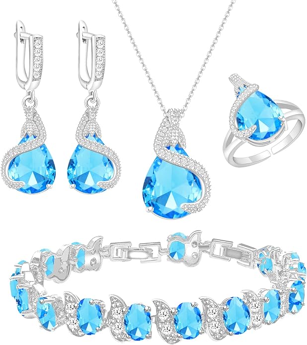 GZWHD Jewelry Set for Women Water Drop Cubic Zirconia Artificial Crystal Earrings Pendant Necklace Open Ring Tennis Bracelet Wedding Anniversary Birthday Engagement Gift for Bridesmaid Wife Girlfriend Friend