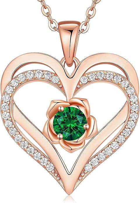 CDE S925 Silver Rose Gold Heart Birthstone Necklaces for Women，Ideal Anniversary or Birthday Jewelry Gifts for Wife Girlfriend Her