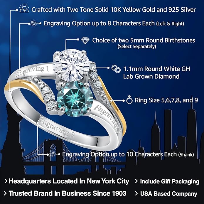 Gem Stone King 925 Silver and 10K Yellow Gold Customized and Personalized Engraved 5MM Round 2 Stone Gemstone Birthstone and White Lab Grown Diamond Accent Engagement Ring
