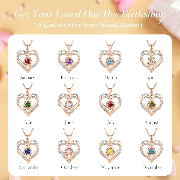 CDE S925 Silver Rose Gold Heart Birthstone Necklaces for Women，Ideal Anniversary or Birthday Jewelry Gifts for Wife Girlfriend Her