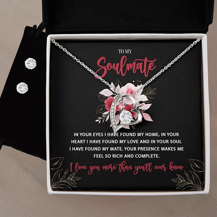 (USA-Assembled) To My Soulmate Gift - Womens Heart Necklace and Earring Set for Her Jewelry - Wedding Anniversary Valentines Day Birthday Engagement Christams Black Box (id165)