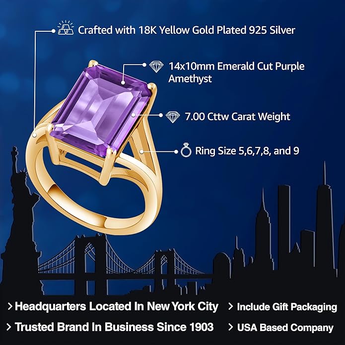 Gem Stone King 5-10 Cttw Gemstone Birthstone Solitaire Engagement Ring For Women | 18K Yellow Gold Plated Silver | 14X10MM Emerald Cut | Wedding Anniversary Ring | Available In Size 5, 6, 7, 8, 9