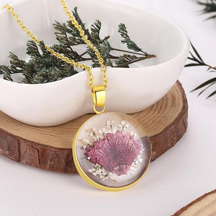 Forget-Me-Not and Queen Anne's Lace Pressed Wildflower Necklace | Birth Month Real Flower Necklace | Gold/Silver Pressed Flower Jewelry | Personalized Handmade Jewelry