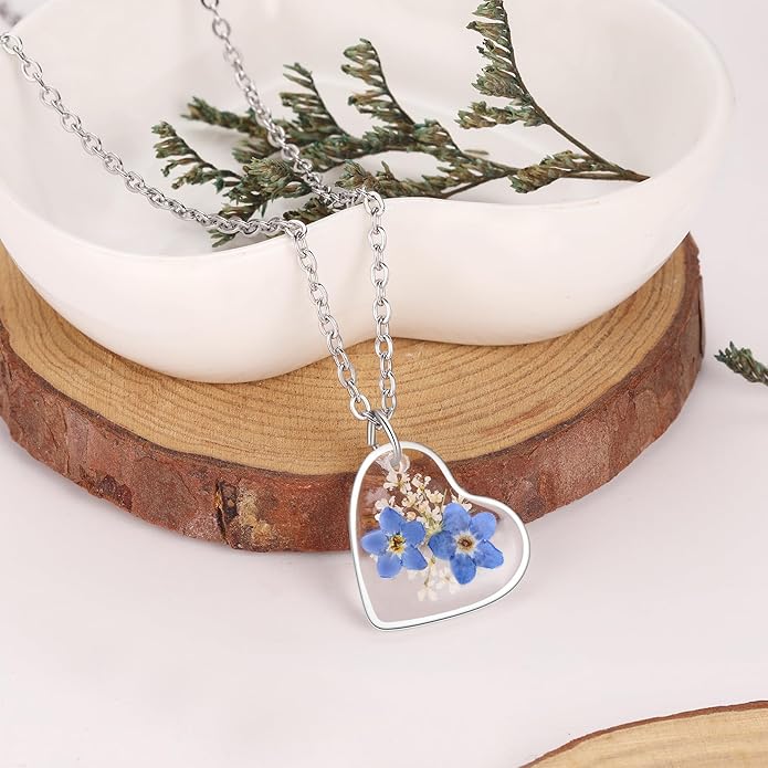 Forget-Me-Not and Queen Anne's Lace Pressed Wildflower Necklace | Birth Month Real Flower Necklace | Gold/Silver Pressed Flower Jewelry | Personalized Handmade Jewelry