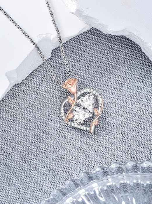 Jewelry for Her Double Heart Rose Birthstone Pendant Necklace Anniversary Jewelry Christmas Birthday Gifts for Women Wife Girlfriend