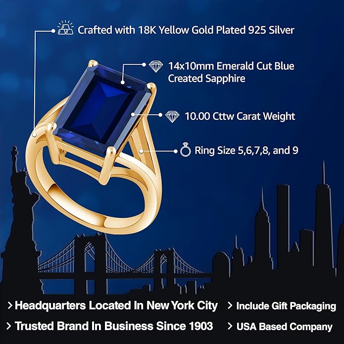 Gem Stone King 5-10 Cttw Gemstone Birthstone Solitaire Engagement Ring For Women | 18K Yellow Gold Plated Silver | 14X10MM Emerald Cut | Wedding Anniversary Ring | Available In Size 5, 6, 7, 8, 9