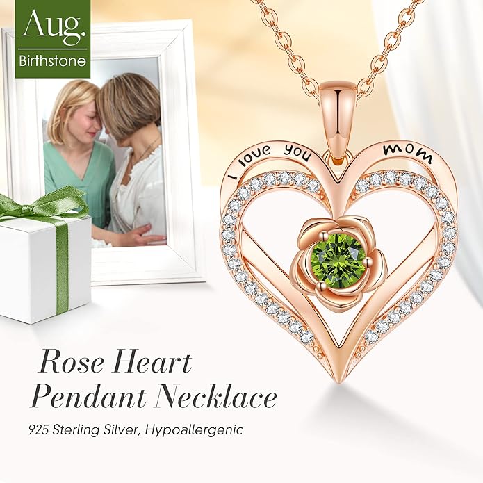 CDE S925 Silver Rose Gold Heart Birthstone Necklaces for Women，Ideal Anniversary or Birthday Jewelry Gifts for Wife Girlfriend Her