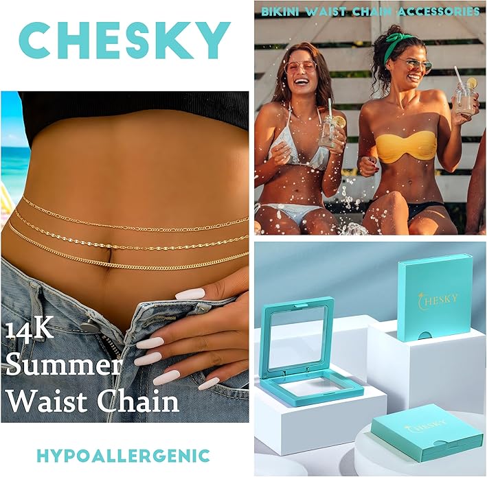 CHESKY Gold Waist Chain for Women, 14K Gold Plated Silver Layered Belly Belt Chains Sexy Bikini Beach Waist Beads Chain Waterproof Snake Pearl Cuban Body Chain Summer Jewelry Accessories for Women
