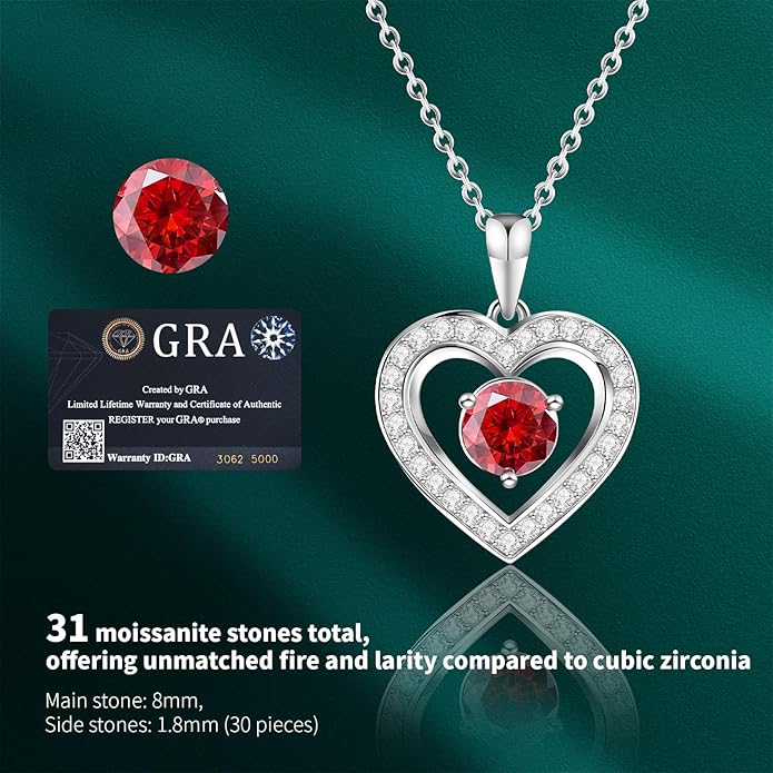 Full Moissanite Heart Necklace - No CZ! 2ct Vibrant Birthstone & 30 White Gems | 12 Month Gifts for Wife, Mom, Her | Anniversary, Valentine's Day, Mother's Day Jewelry