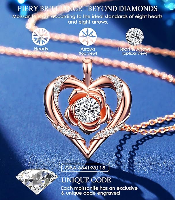 Beam & Bask Rose Flower Heart Moissanite Necklaces for Wife, S925 Silver Pendant for Women, 18K Gold Plated Jewelry for Her Girlfriend Mom for Anniversary Birthday
