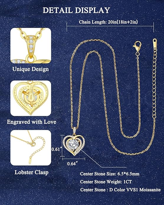1-2 CT Moissanite Heart Pendant Necklaces for Wife,Moissanite Necklace Engraved with 'I LOVE YOU,18K Gold Plated S925 Silver Jewelry Anniversary Christmas Gifts for Girlfriend Wife Mom
