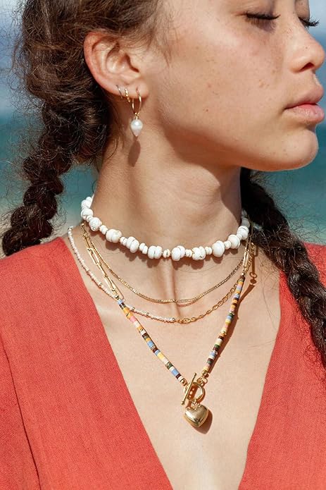 18k Gold Chain Link Necklace for Women, Baroque Pearl/Compass Pendant Necklace