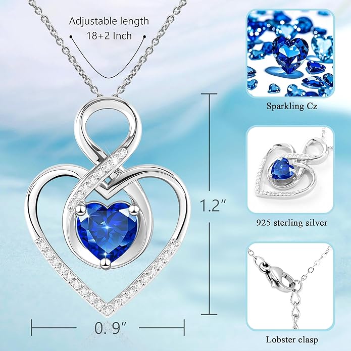Heart Necklace for Women, 925 Silver Necklace with Infinity Heart Pendant, Personalized Birthstone Necklace Anniversary Birthday Gifts for Wife, Girlfriend, Mom