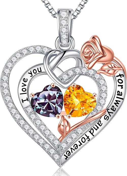 Iefil Rose Heart Necklace Gifts for Wife Women - 925 Sterling Silver Double Birthstone Necklace, Anniversary Birthday Gifts for Women, Jewelry Gift for Wife Girlfriend Mom Her