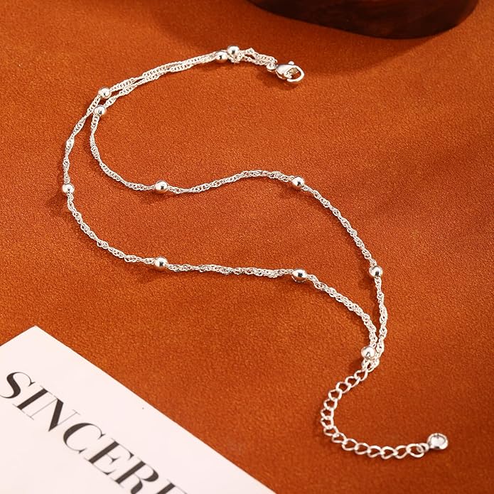 Ankle Bracelets for Women 14K Real Gold Silver Plated Ankle Bracelets Waterproof Heart Beads Rope Satellite Anklets Set Adjustable Layered Anklet Bracelets No Tarnish Summer Beach Jewelry Gift