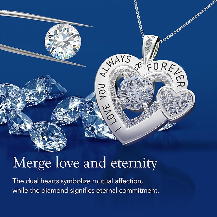 Diamond Moissanite Necklace for Women, 925 Sterling Silver Fine Necklace, Double Heart Necklace, Anniversary Present for Women, Jewelry Gift for Wife Girlfriend Mom