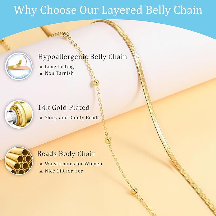 CHESKY Gold Waist Chain for Women, 14K Gold Plated Silver Layered Belly Belt Chains Sexy Bikini Beach Waist Beads Chain Waterproof Snake Pearl Cuban Body Chain Summer Jewelry Accessories for Women