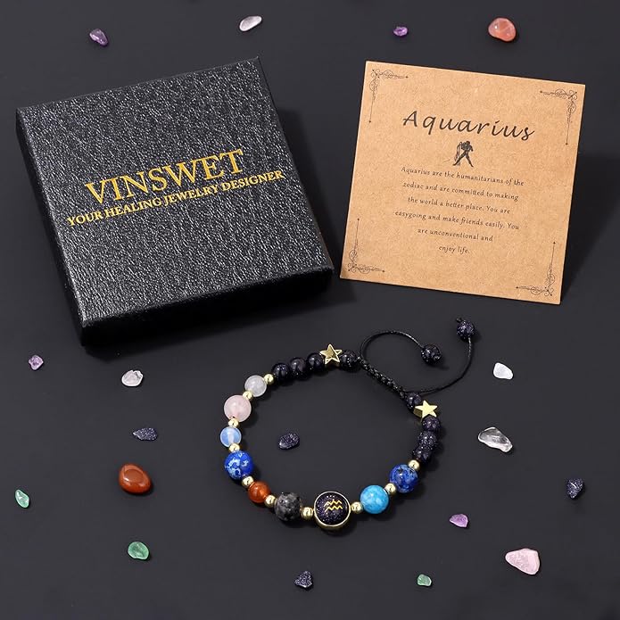 Zodiac Bracelets for Women Men,12 Constellations Healing Crystal Stone Beads Bracelet Birthday Zodiac Gifts Horoscope Spiritual Jewelry Bracelet Gifts