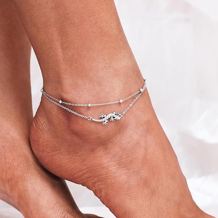 CHIC & ARTSY Womens Sterling Silver Created Opal Layered Anklet Bracelet Dainty Beaded Chain Adjustable 11" Best Friend Anklet