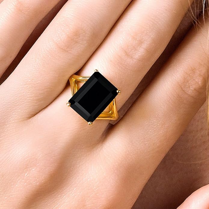 Gem Stone King 5-10 Cttw Gemstone Birthstone Solitaire Engagement Ring For Women | 18K Yellow Gold Plated Silver | 14X10MM Emerald Cut | Wedding Anniversary Ring | Available In Size 5, 6, 7, 8, 9