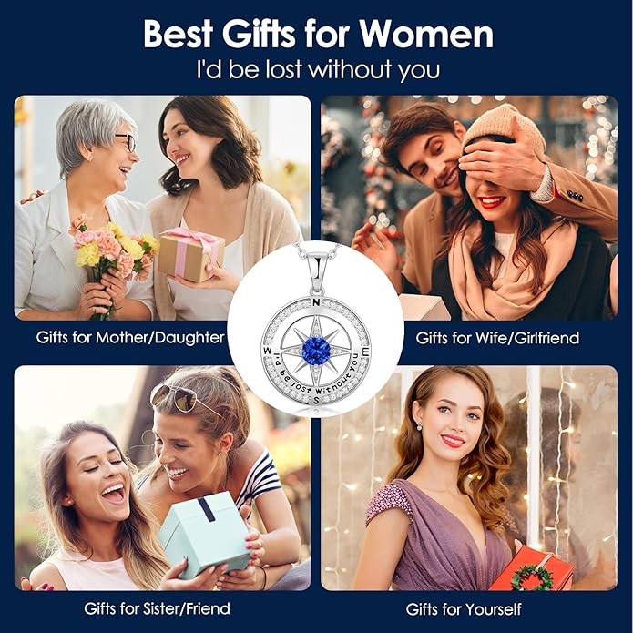 Compass Necklace Gifts for Women wife - S925 Sterling Silver Birthstone Necklaces for Women - Anniversary Birthday Gifts for Her Wife Girlfriend - Valentines Mom Mothers Day Christmas Gifts Jewelry for Women