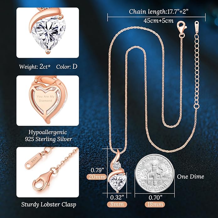 Moissanite Heart Pendant Necklaces for Women，925 Sterling Silver Gold Plating Necklace with Birthstone，Ideal Anniversary Present or Birthday Christmas Valentine Engagements Mothers Day Jewelry Gifts for Mom Wife Her Girlfriend