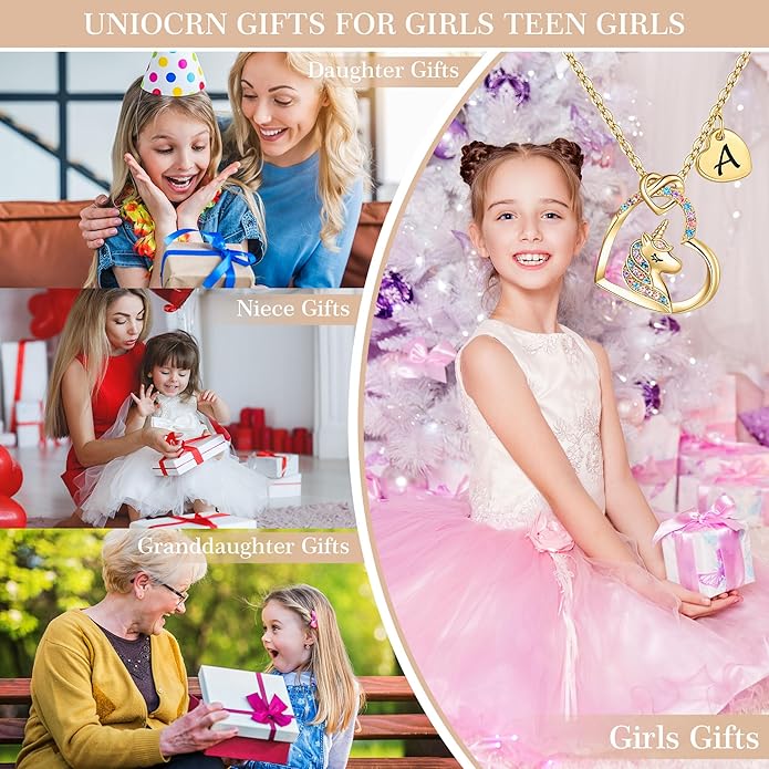Hidepoo Unicorn Necklace Gifts for Girls Daughter - Colorful CZ Heart Pendant Initial Unicorn Necklaces for Girl Teens Little Girls Jewelry Birthday Gift
