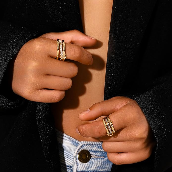 14K Gold Plated Interlocked Stackable Rings for Women Non Tarnish,Gold and Silver Cubic Zirconia Statement Rings Set,Mixed Metals Ring Two-Toned Connected Bands Stacking Jewelry