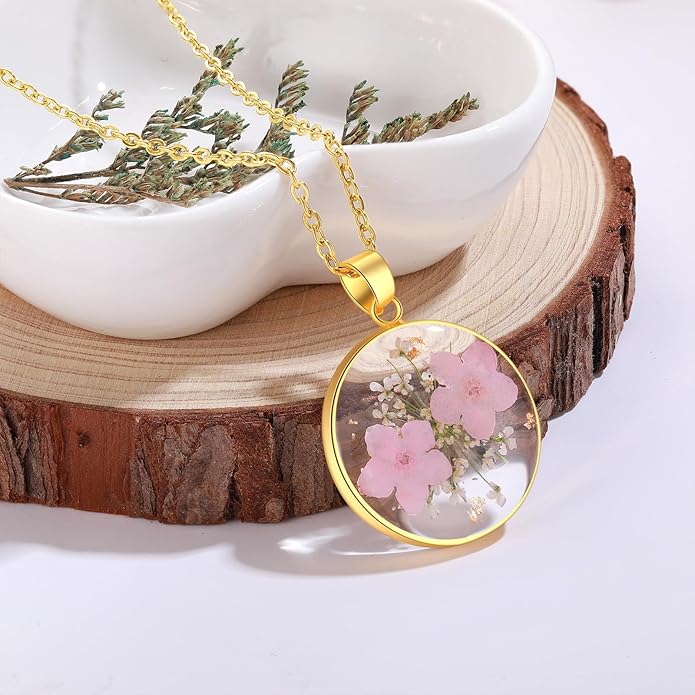Forget-Me-Not and Queen Anne's Lace Pressed Wildflower Necklace | Birth Month Real Flower Necklace | Gold/Silver Pressed Flower Jewelry | Personalized Handmade Jewelry