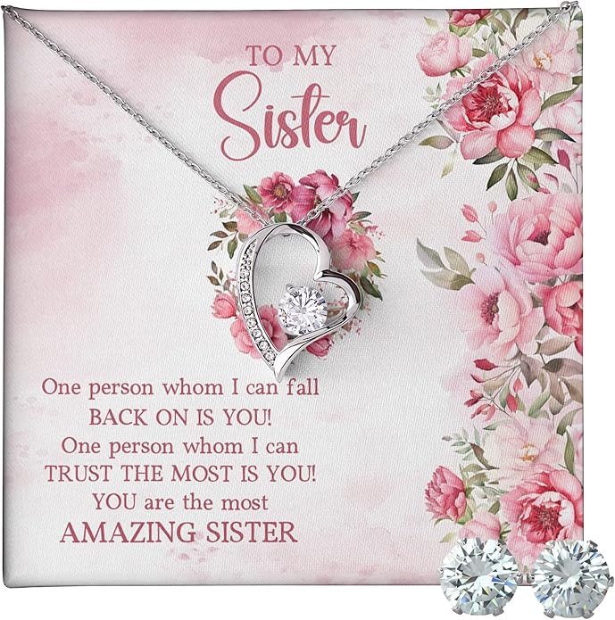 (USA-Assembled) To Sister Gift - Heart Necklace and Earring Set for Women Her Jewelry - Birthday Christmas Graduation College Female Black Box (id190)