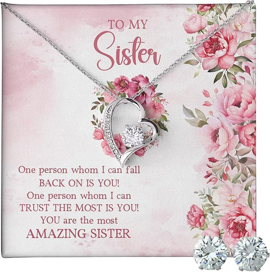 (USA-Assembled) To Sister Gift - Heart Necklace and Earring Set for Women Her Jewelry - Birthday Christmas Graduation College Female Black Box (id190)