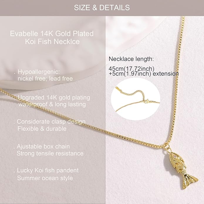 Evabelle Fish Necklace for Women 14K Gold Plated Nickel Free Hypoallergenic Non Tarnish Koi Fish Pandent Ocean Beach Necklace Dainty Summer Jewelry
