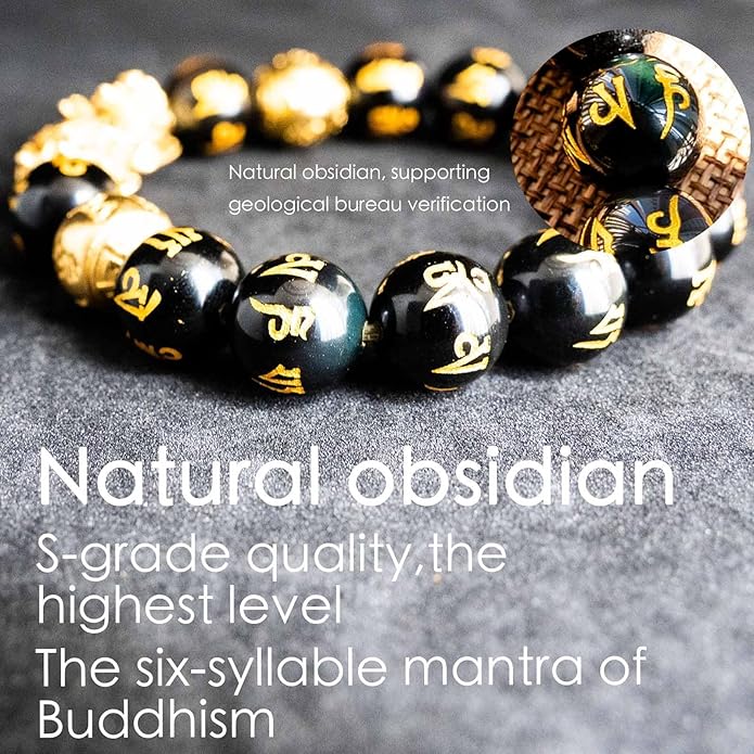 Feng Shui Bracelet 24K Gold Plated PiXiu Bracelet, Obsidian Dragon Protection Meditation Decompression Prayer Beads Lucky Wealth Bracelets for Men Women