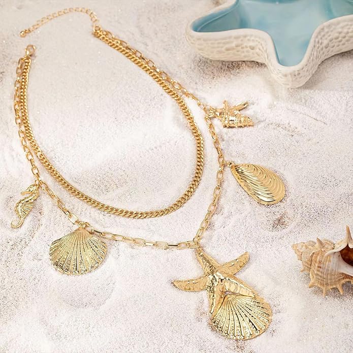 Choistily Charm Necklace Dainty Gold Western Outfit Beach Jewelry for Women Trendy Cowgirl Accessories for Women Gold Bow Sea Shell Pendant Necklace Preppy Stuff Summer Jewelry 2025