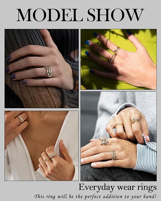 TLY Stackable Gold Rings for Women Non Tarnish 18K Gold Plated Interlocking Ring Stack Set Gold Silver Mixed Metal Statement Rings Dainty Cubic Zirconia CZ Fashion Connected Band Thumb Ring Size 4-11 Jewelry Gift for Women
