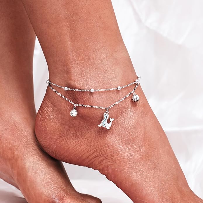 CHIC & ARTSY Womens Sterling Silver Created Opal Layered Anklet Bracelet Dainty Beaded Chain Adjustable 11" Best Friend Anklet