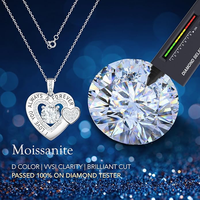 Diamond Moissanite Necklace for Women, 925 Sterling Silver Fine Necklace, Double Heart Necklace, Anniversary Present for Women, Jewelry Gift for Wife Girlfriend Mom