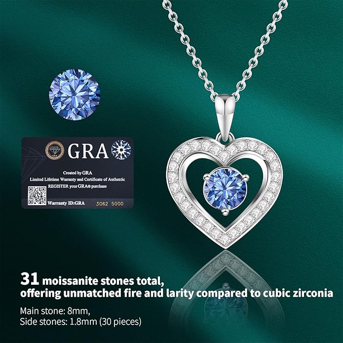 Full Moissanite Heart Necklace - No CZ! 2ct Vibrant Birthstone & 30 White Gems | 12 Month Gifts for Wife, Mom, Her | Anniversary, Valentine's Day, Mother's Day Jewelry