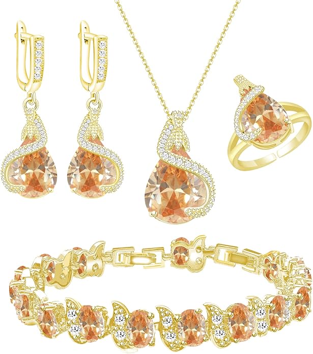 GZWHD Jewelry Set for Women Water Drop Cubic Zirconia Artificial Crystal Earrings Pendant Necklace Open Ring Tennis Bracelet Wedding Anniversary Birthday Engagement Gift for Bridesmaid Wife Girlfriend Friend