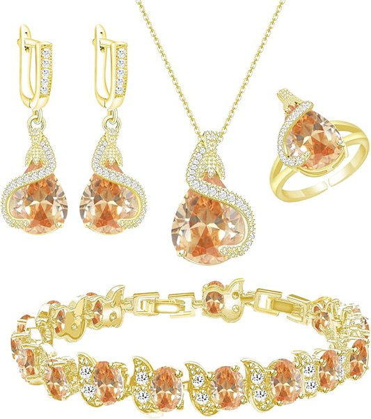 GZWHD Jewelry Set for Women Water Drop Cubic Zirconia Artificial Crystal Earrings Pendant Necklace Open Ring Tennis Bracelet Wedding Anniversary Birthday Engagement Gift for Bridesmaid Wife Girlfriend Friend