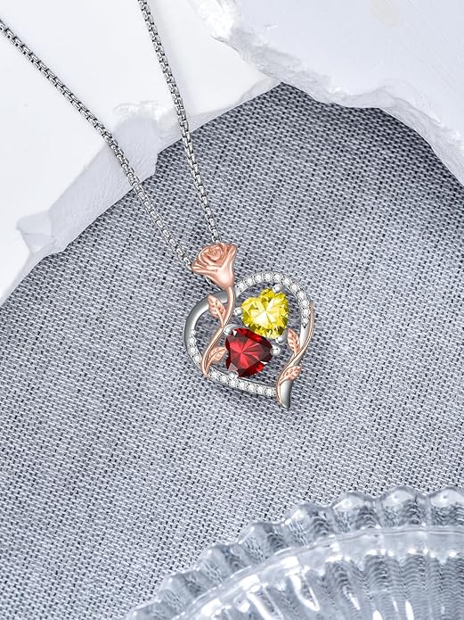Jewelry for Her Double Heart Rose Birthstone Pendant Necklace Anniversary Jewelry Christmas Birthday Gifts for Women Wife Girlfriend