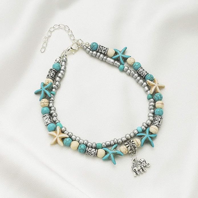Starain Blue Turtle Anklets for Women Multilayer Beads Handmade Beach Ankle Bracelet Set Boho Foot Jewelry