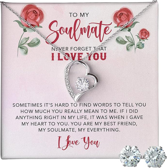 (USA-Assembled) To My Soulmate Gift - Womens Heart Necklace and Earring Set for Her Jewelry - Wedding Anniversary Valentines Day Birthday Engagement Christams Black Box (id161)