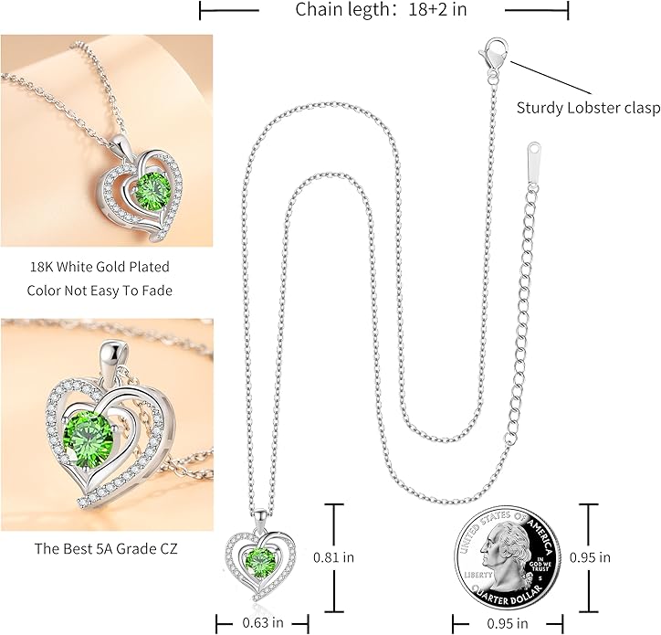 Heart Necklace, I Love You Always & Forever, Birthstone Cubic Zirconia Pendant, Gift for Women