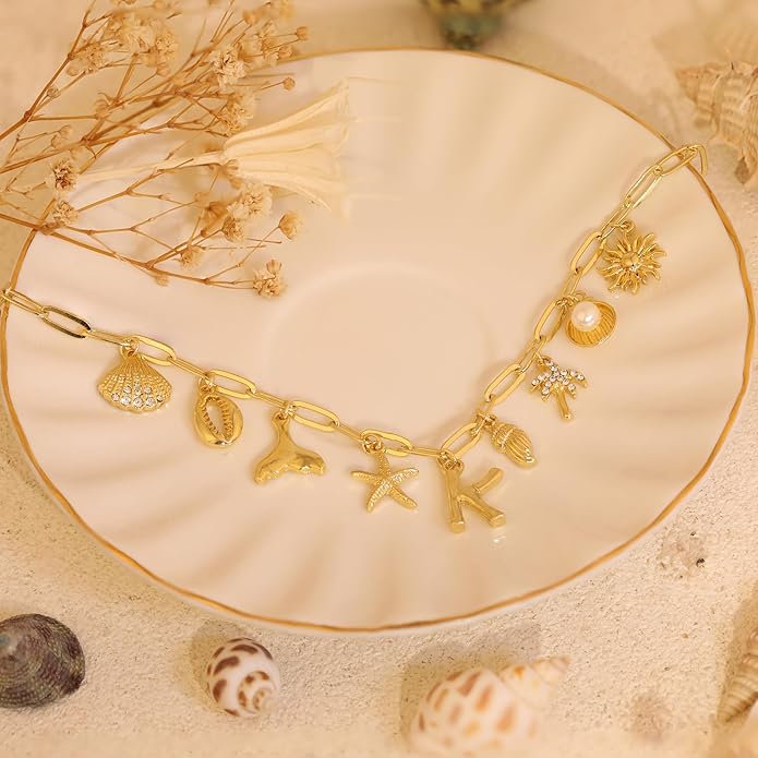 Initial Charm Necklace For Women Shell Letter Necklaces Gold Charms Pendant Boho Summer Seashell Beach 14k Starfish Surfer Jewelry Gifts